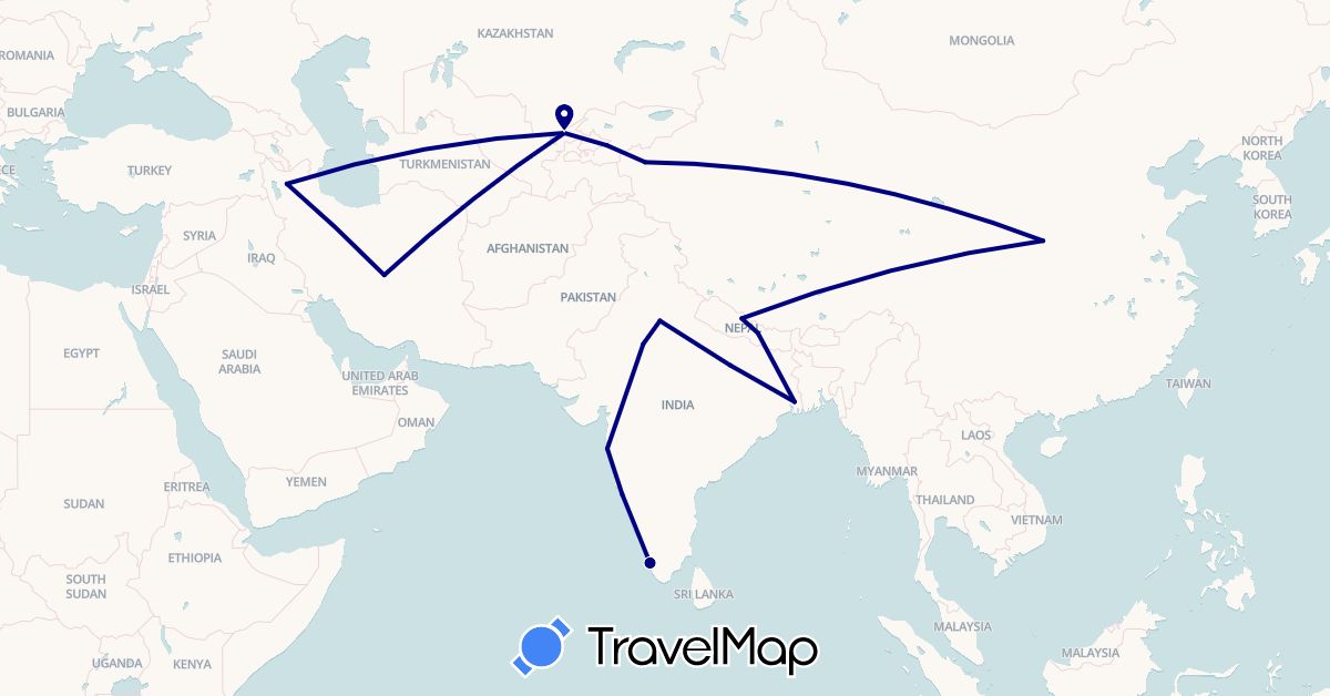 TravelMap itinerary: driving in China, India, Iran, Kyrgyzstan, Nepal, Uzbekistan (Asia)